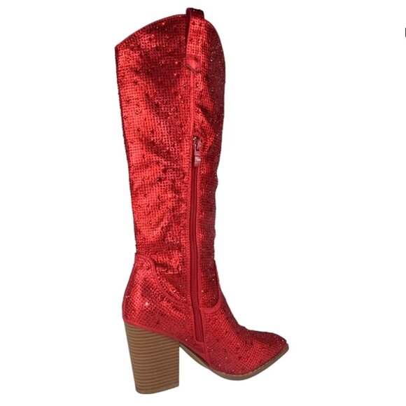 New Women's Red Blingy Rhinestone Western Knee High Cowboy Boots - Picture 4 of 4